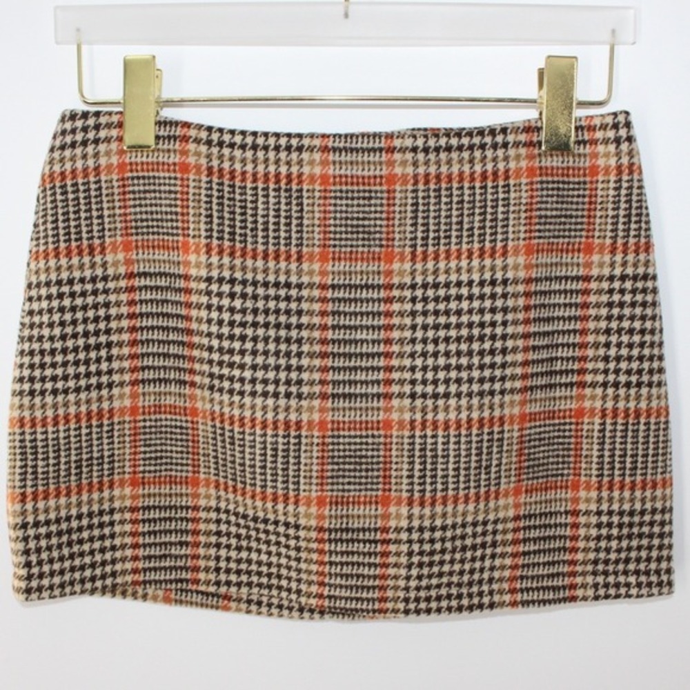 Brandy Melville Mini Skirt‎ Houndstooth Checkered Size L Brown Orange